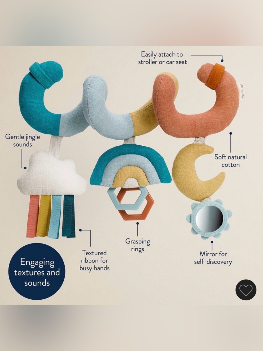 Itzy Ritzy Plush Stroller Spiral Toy in Teal, Light Blue, Mustard & Terracotta